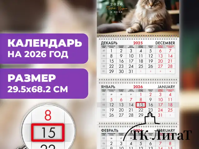 Календарь квартальный на 2026 г., 3 блока, 3 гребня, бегунок, офсет, BRAUBERG, "Кот", 116780