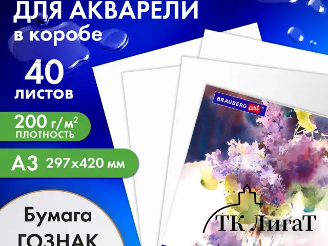 Бумага для акварели А3 40 л., 200 г/м2 ГОЗНАК СПб, в коробке, BRAUBERG ART CLASSIC, "СИРЕНЕВЫЙ БУКЕТ", 116886