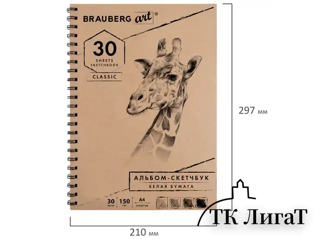 Скетчбук, белая бумага 150 г/м2, 210х297 мм, 30 л., гребень, BRAUBERG ART CLASSIC, 128949