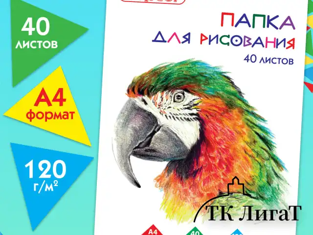 Папка для рисования, А4, 40 л., 120 г/м2, ПИФАГОР, 210х297 мм, "Попугай", 129222