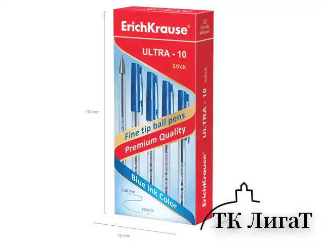 Ручка шариковая масляная ERICH KRAUSE "Ultra-10", СИНЯЯ, корпус прозрачный, узел 0,7 мм, линия письма 0,26 мм, 13873