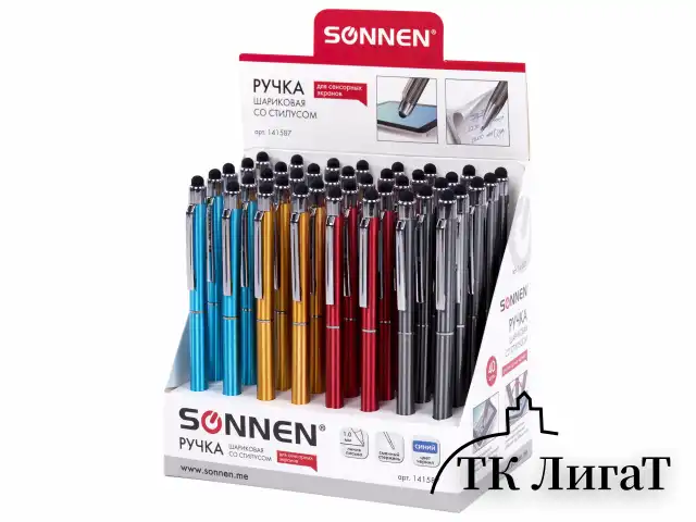Ручка-стилус SONNEN для смартфонов/планшетов, СИНЯЯ, корпус ассорти, серебристые детали, линия письма 1 мм, 141587