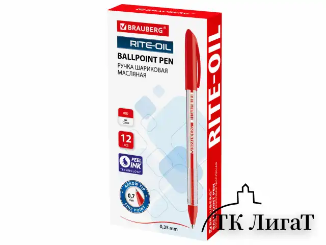 Ручка шариковая масляная BRAUBERG "Rite-Oil", КРАСНАЯ, корпус прозрачный, узел 0,7 мм, линия письма 0,35 мм, 142148