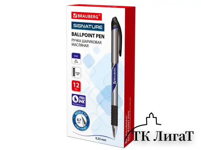 Ручка шариковая масляная с грипом BRAUBERG "Signature", СИНЯЯ, печать, узел 0,7 мм, линия письма 0,35 мм, 142688