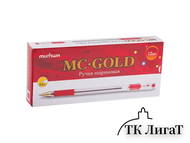 Ручка шариковая масляная с грипом MUNHWA "MC Gold", КРАСНАЯ, корпус прозрачный, узел 0,5 мм, линия письма 0,3 мм, BMC-03