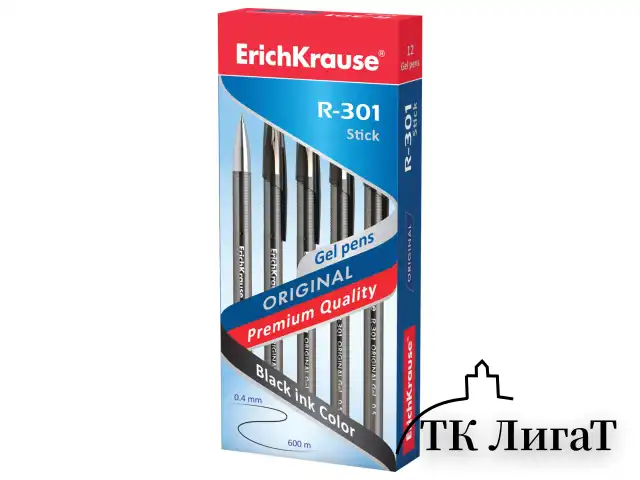 Ручка гелевая ERICH KRAUSE "R-301 Original Gel", ЧЕРНАЯ, корпус прозрачный, узел 0,5 мм, линия письма 0,4 мм, 42721