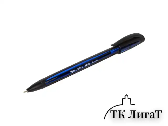 Ручка шариковая масляная BRAUBERG "BOMB GT", СИНЯЯ, прорезиненный сине-черный корпус, узел 0,7 мм, линия письма 0,35 мм, 143345