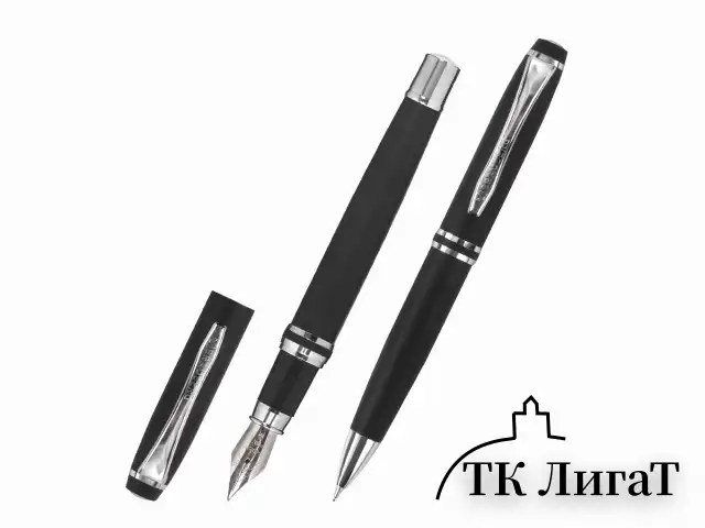 Набор ручек подарочных BRAUBERG Duetto, СИНИЕ, 2 шт.: шариковая, перьевая, черный с хромированными деталями, 143478