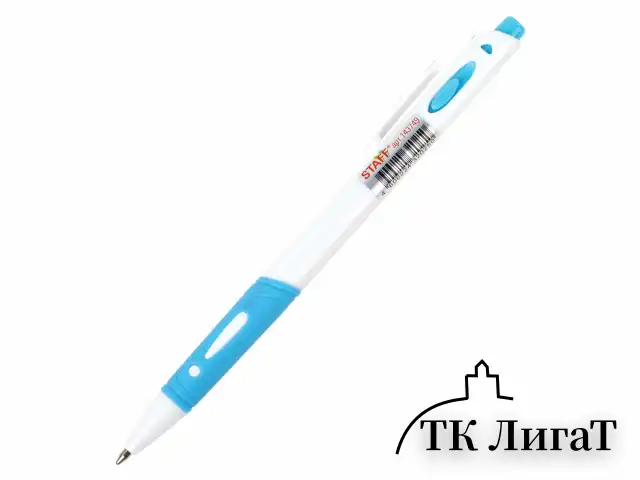 Ручка шариковая автоматическая с грипом STAFF "BP-16 White", СИНЯЯ, ассорти, линия письма 0,35 мм, 143749