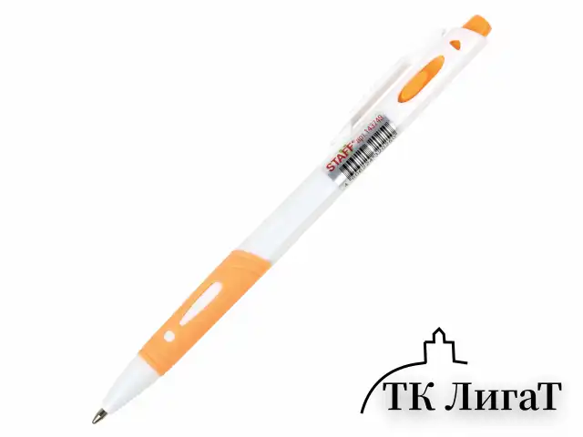 Ручка шариковая автоматическая с грипом STAFF "BP-16 White", СИНЯЯ, ассорти, линия письма 0,35 мм, 143749