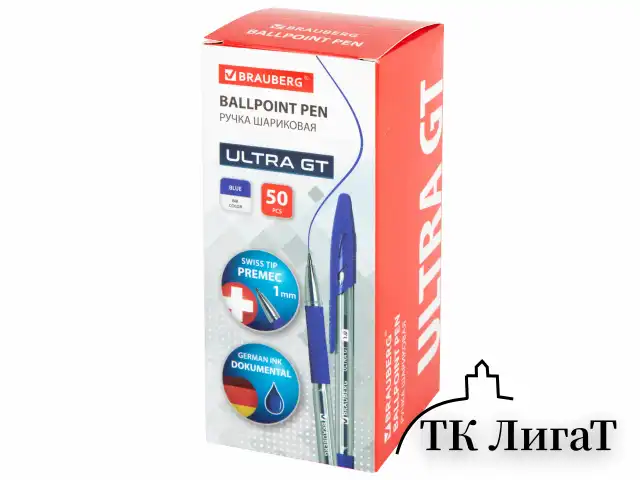 Ручка шариковая с грипом BRAUBERG "ULTRA GT", СИНЯЯ, корпус прозрачный, линия 0,5 мм, 144051