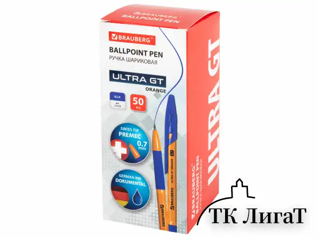 Ручка шариковая с грипом BRAUBERG "ULTRA GT ORANGE", СИНЯЯ, корпус оранжевый, линия 0,35 мм, 144052