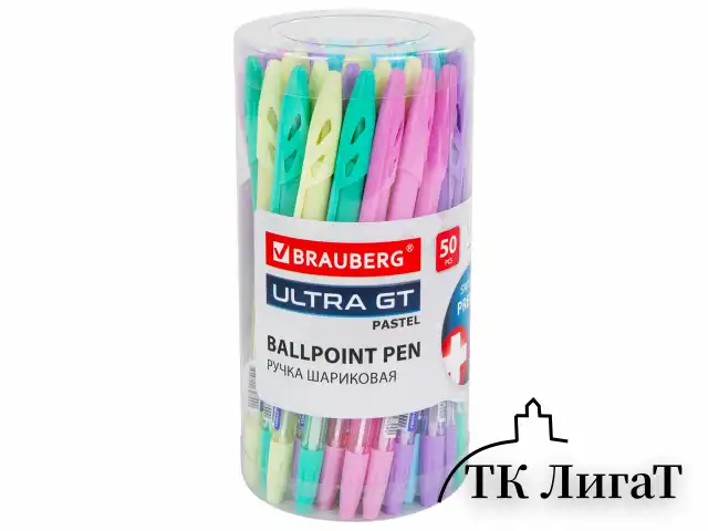 Ручка шариковая с грипом BRAUBERG "ULTRA GT PASTEL", СИНЯЯ, корпус ассорти, линия 0,35 мм, 144053