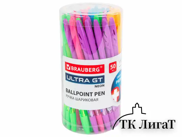 Ручка шариковая с грипом BRAUBERG "ULTRA GT NEON", СИНЯЯ, корпус ассорти, линия 0,35 мм, 144054