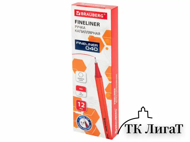 Ручка капиллярная (линер) КРАСНАЯ, BRAUBERG "FINE 040", шестигранная, линия письма 0,4 мм, 144142