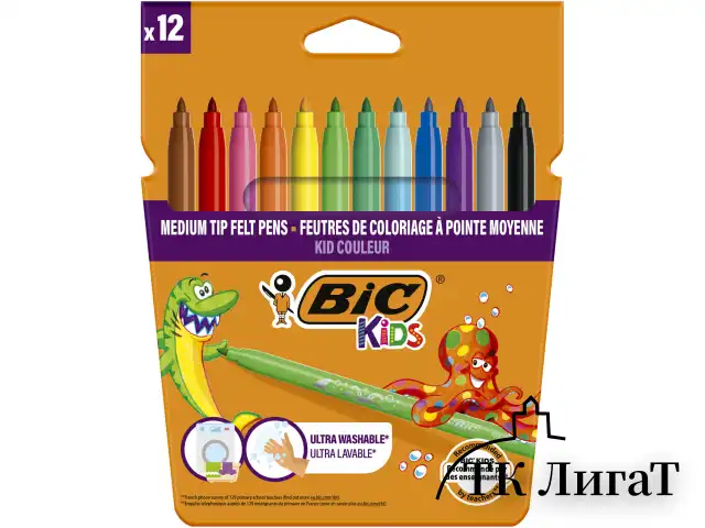 Фломастеры BIC "Kid Couleur", 12 цветов, суперсмываемые, вентилируемый колпачок, европодвес, 9202932