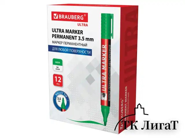 Маркер перманентный ULTRA MARKER, ЗЕЛЕНЫЙ, 3,5 мм, с клипом, BRAUBERG, 152207