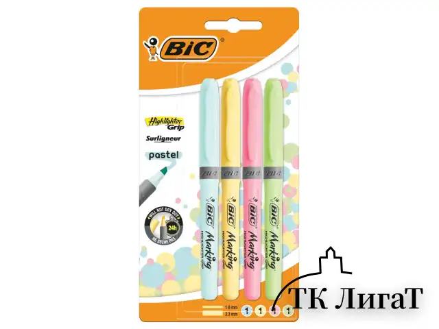 Набор текстовыделителей BIC "Grip Pastel" 4 шт., АССОРТИ, линия 1,6-4 мм, 964859
