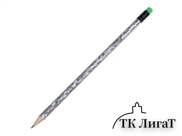 Карандаш чернографитный ПИФАГОР, 1 шт., НВ, с ластиком ассорти, фольгированный корпус (серебряный), 180618