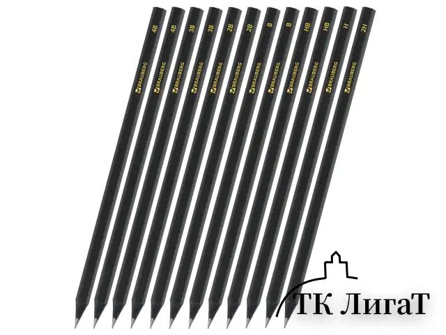 Карандаши чернографитные BRAUBERG НАБОР 12 шт., "Black Jack", 2Н-4В, без резинки, черные, дерево, заточенные, 180620