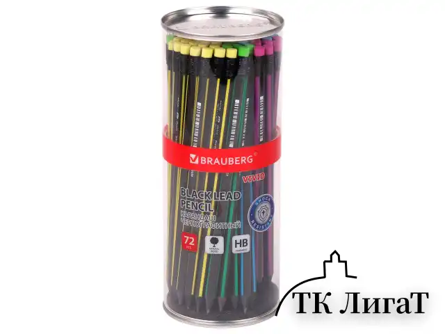 Карандаш чернографитный BRAUBERG "VIVID", 1 шт., HB, с ластиком, корпус ассорти, 181756