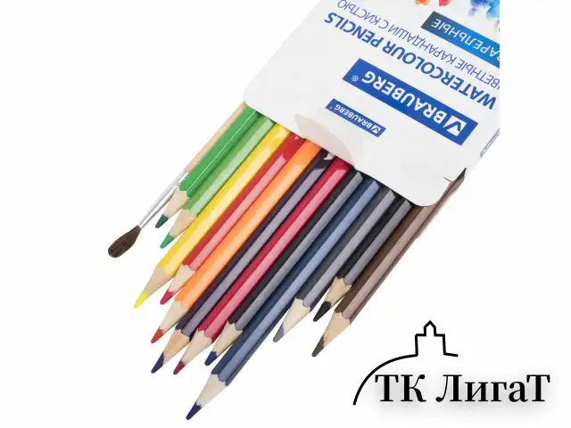 Карандаши цветные акварельные BRAUBERG 12 цветов с КИСТЬЮ, шестигранные, грифель 3 мм, натуральное дерево, 181848