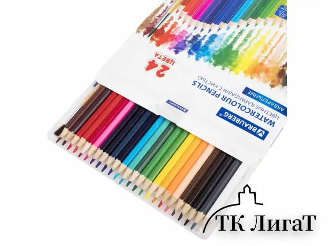 Карандаши цветные акварельные BRAUBERG 24 цвета с КИСТЬЮ, шестигранные, грифель 3 мм, натуральное дерево, 181849