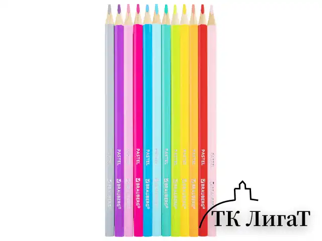 Карандаши цветные BRAUBERG PASTEL, 12 пастельных цветов, трехгранные, грифель 3 мм, натуральное дерево, 181850