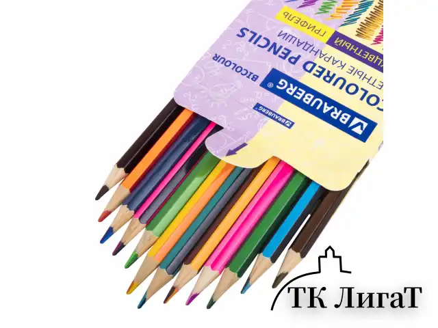 Карандаши с двухцветным грифелем BRAUBERG BICOLOUR, 12 штук, 24 цвета, шестигранные, грифель 3 мм, натуральное дерево, 181855