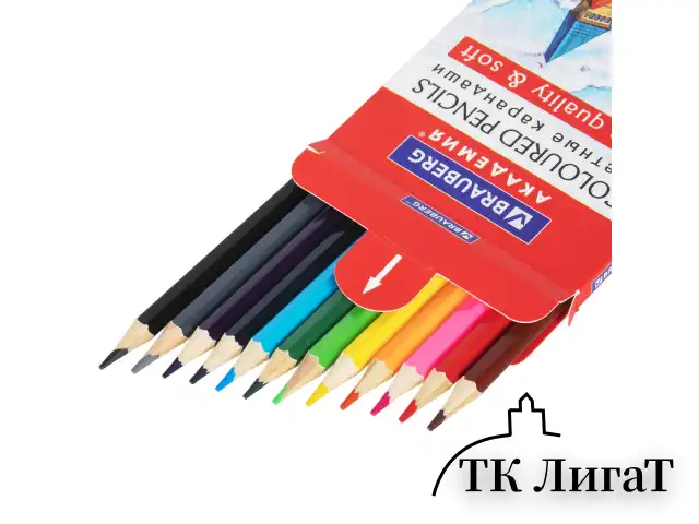 Карандаши цветные мягкие BRAUBERG АКАДЕМИЯ, 12 цветов, шестигранные, грифель 3 мм, натуральное дерево, 181864