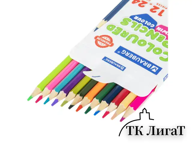 Карандаши цветные двусторонние BRAUBERG PREMIUM TWIN COLOUR, 12 штук, 24 цвета, шестигранные, грифель 3,3 мм, натуральное дерево, 181874