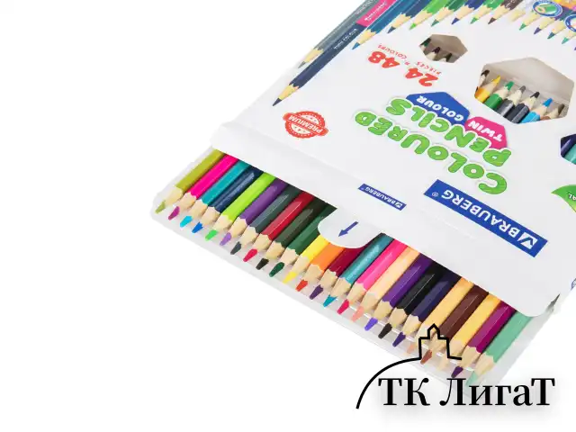Карандаши цветные двусторонние BRAUBERG PREMIUM TWIN COLOUR, 24 штуки, 48 цветов, шестигранные, грифель 3,3 мм, натуральное дерево, 181875