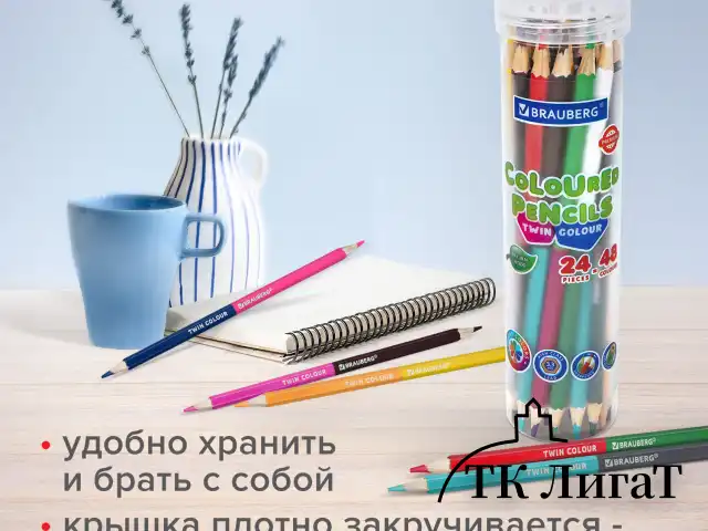 Карандаши цветные двусторонние BRAUBERG PREMIUM TWIN COLOUR, 24 шт., 48 цв., туба, шестигранные, грифель 3,3 мм, натуральное дерево, 181876