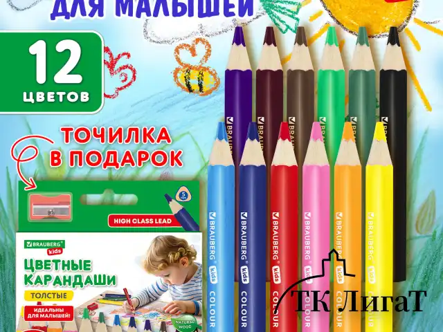 Карандаши цветные толстые для малышей 12 цветов + ТОЧИЛКА В ПОДАРОК! трехгранные, натуральное дерево BRAUBERG KIDS, 182058