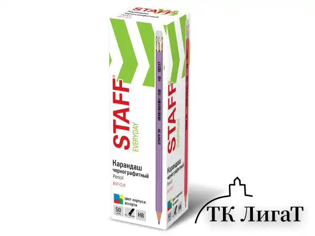 Карандаш чернографитный с ластиком STAFF EVERYDAY BLP-CLR, 1 шт., НВ, цвет корпуса ассорти, 182117