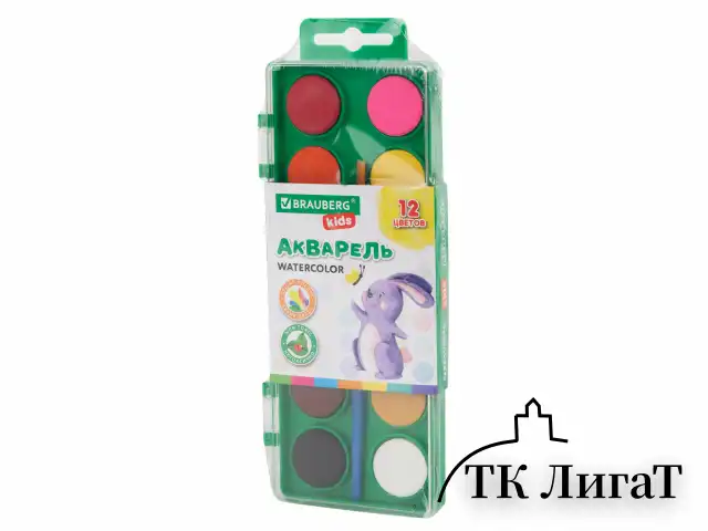 Краски акварельные BRAUBERG KIDS, 12 ярких цветов, круглые кюветы, пластиковый пенал, 191806