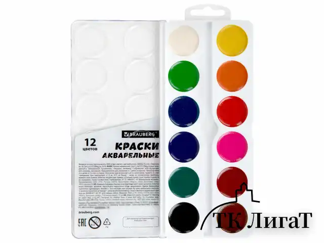 Краски акварельные BRAUBERG 12 цветов "Футбол", медовые, круглые кюветы, 192565