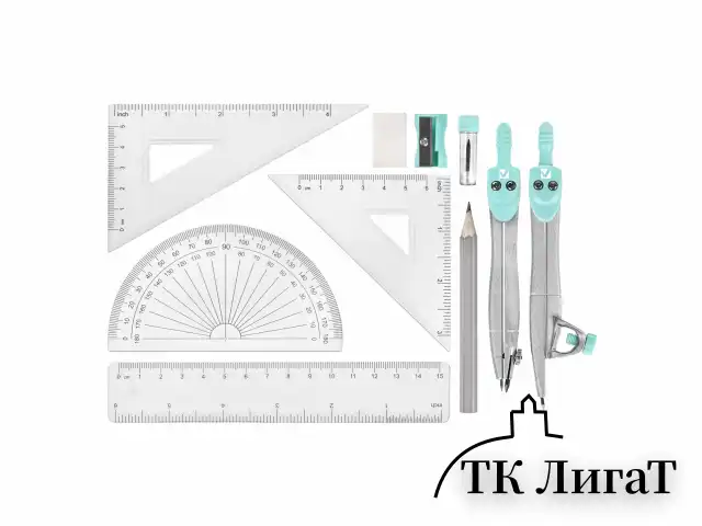Готовальня BRAUBERG SCHOOL KIT, 11 предметов, циркуль 115 мм, циркуль 125 мм, чертежные принадлежности, мятный цвет, 210706