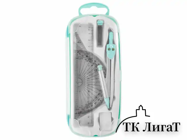 Готовальня BRAUBERG SCHOOL KIT, 9 предметов, циркуль 125 мм, чертежные принадлежности, мятный цвет, 210716