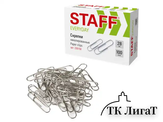 Скрепки STAFF "EVERYDAY", 28 мм, никелированные, 100 шт., в картонной коробке, 226758