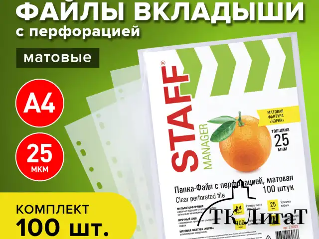 Папки-файлы перфорированные А4 STAFF "ЭКОНОМ", КОМПЛЕКТ 100 шт., матовые, 25 мкм, 226828