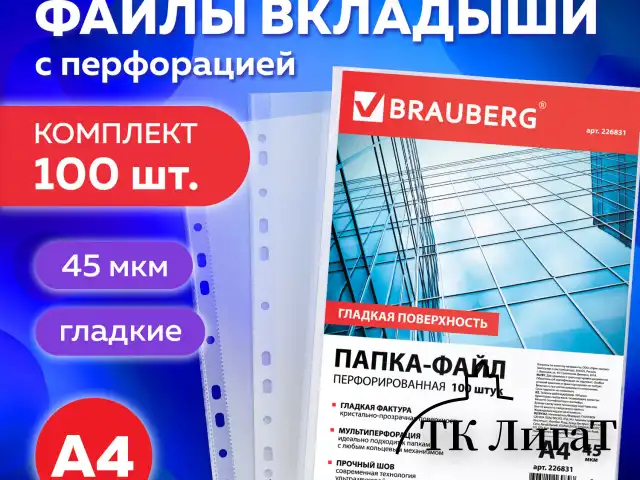 Папки-файлы перфорированные, А4, BRAUBERG "STANDARD", комплект 100 шт., гладкие, 45 мкм, 226831