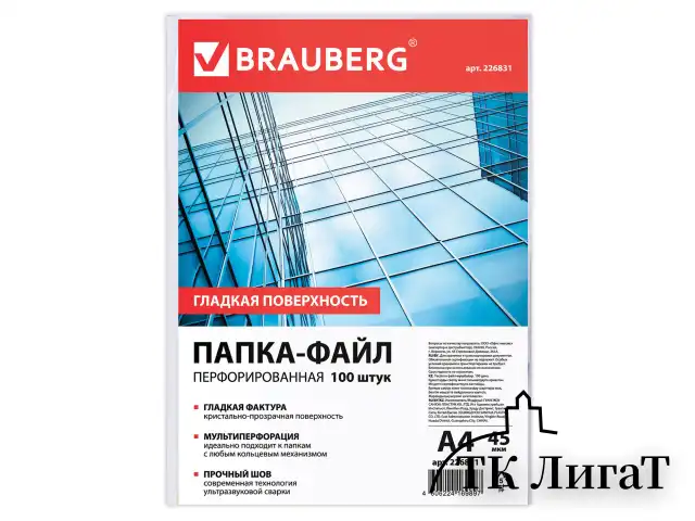 Папки-файлы перфорированные, А4, BRAUBERG "STANDARD", комплект 100 шт., гладкие, 45 мкм, 226831