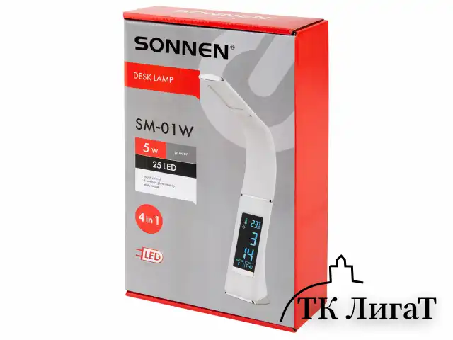 Настольная лампа-светильник SONNEN SM-01W на подставке, LCD-экран, СВЕТОДИОДНАЯ, 5 Вт, белый, 238233