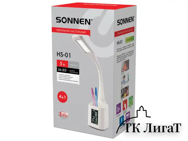 Настольная лампа-светильник SONNEN HS-01 на подставке, LCD-экран, СВЕТОДИОДНАЯ, 5 Вт, белый, 238234