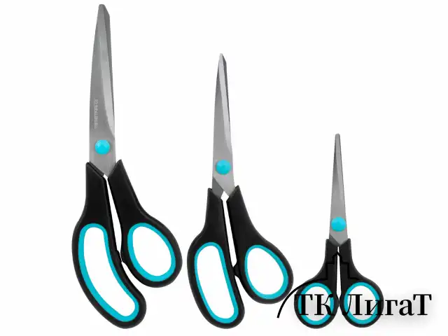 Ножницы BRAUBERG SOFT GRIP, НАБОР 3 штуки (140, 190, 230 мм), эргономичные черно-бирюзовые ручки, ВЫГОДНАЯ УПАКОВКА, 238411