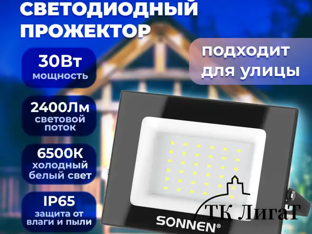 Прожектор светодиодный 30 Вт, 6500 К, 2400 Лм, 30 м2, IP65, 146x98x26 мм, черный, SONNEN, 238413