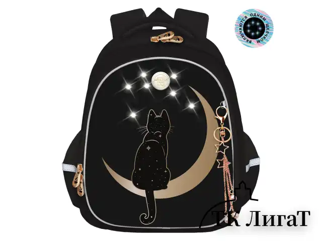 Ранец GRIZZLY анатомическая спинка, c брелоком, для девочек, "NIGHT CAT", 36х28х20 см, RAz-286-1/1
