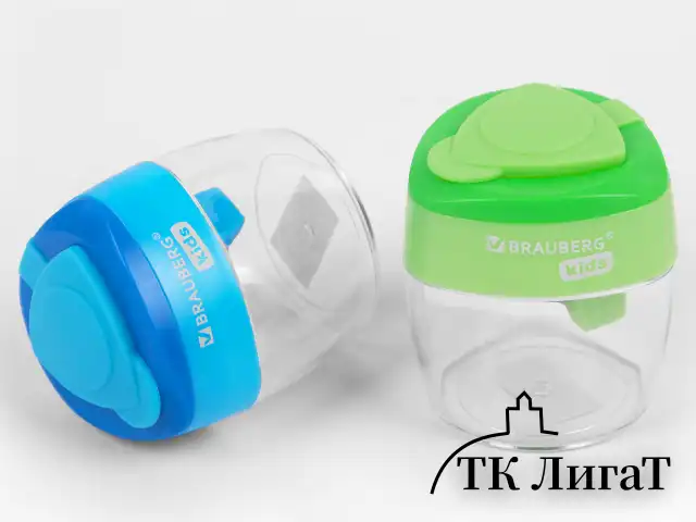Точилки BRAUBERG KIDS "MAXI", 2 ШТУКИ, 2 отверстия, с большим контейнером, трехгранный корпус, цвета ассорти, блистер, 271947