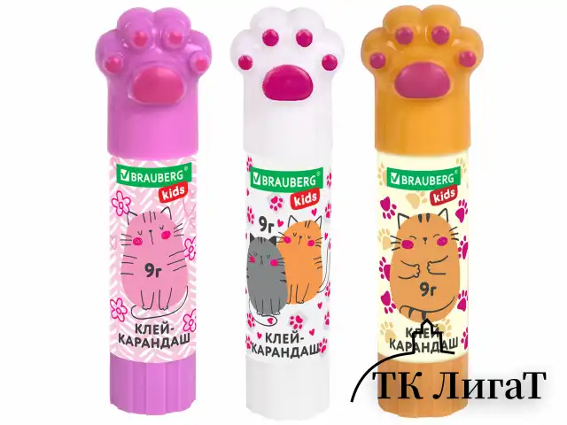 Клей-карандаш "Лапки" Cat Paw, 9 г, фигурный колпачок, 3 шт. на блистере, BRAUBERG KIDS, 271982